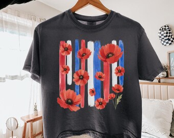 Comfort Colors Poppy Floral Crop Tee, Red White Blue 4th of July T-Shirt, Trendy Striped Summer Top