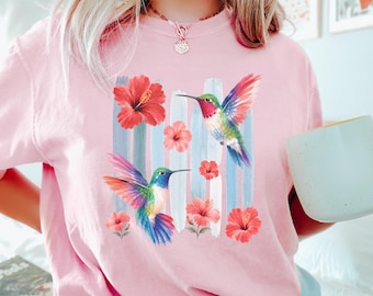 Comfort Colors Hummingbird T-Shirt, Summer Floral Hibiscus Tee, BIrd Lover Tee, Nature Lover Gift