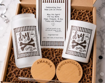 Custom Adult Baptism Keepsake Box, Personalized Christian Dry Bones Come Alive Gift Set, Religious Candle & Glass Tumbler