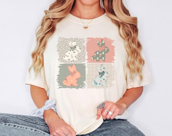 Comfort Colors Patchwork Bunny T-Shirt, Easter Rabbit Tee
