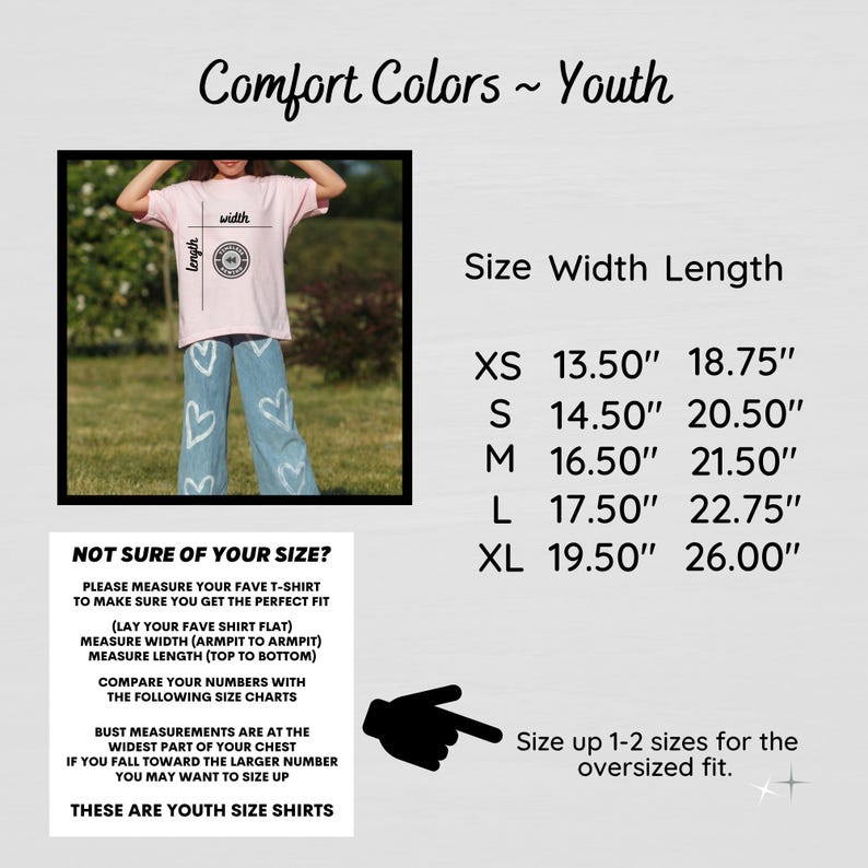 May include: Pink youth t-shirt with a circular design, paired with blue jeans. The image includes a size chart with measurements in inches for XS to XL sizes. Text reads "Comfort Colors ~ Youth".