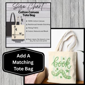May include: A natural cotton canvas tote bag with a green "book" design and a worm illustration. The bag is 51 cm tall, 38 cm wide, and 41 cm deep. The bag has reinforced handle stitching and is spot clean only.