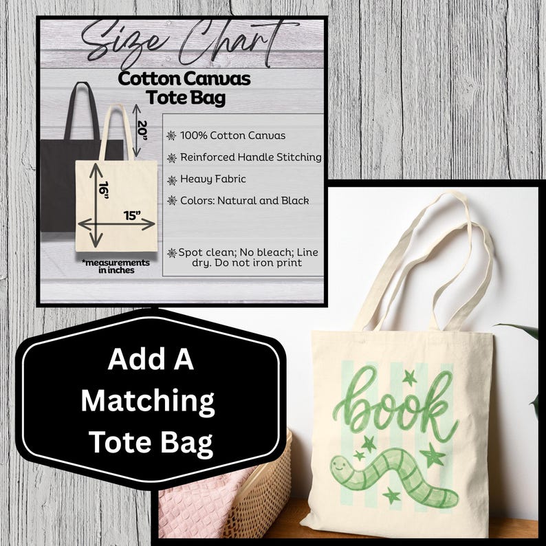 May include: A natural cotton canvas tote bag with a green "book" design and a worm illustration. The bag is 51 cm tall, 38 cm wide, and 41 cm deep. The bag has reinforced handle stitching and is spot clean only.
