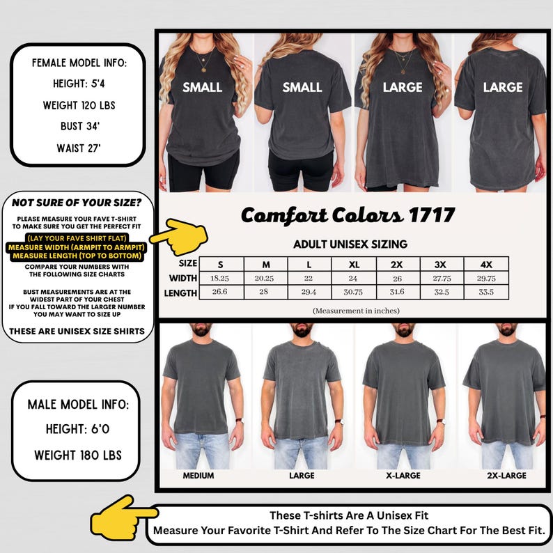 May include: An image of Comfort Colors 1717 unisex t-shirts, with size charts displaying measurements in inches. Models are shown wearing the shirts in different sizes. The text provides sizing information and instructions for measuring the shirts.