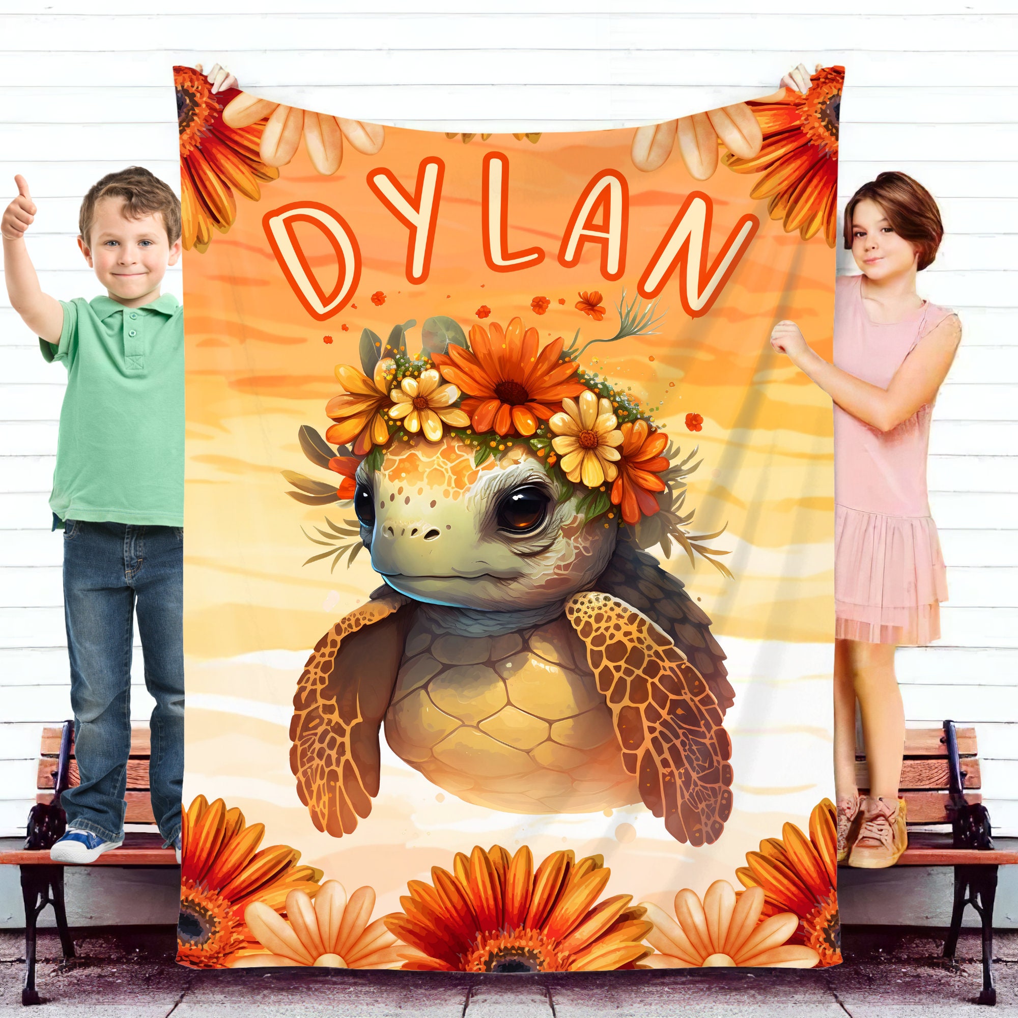 Personalized Girls Turtle Blanket, Turtle Throw Blanket, Custom Name