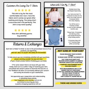 May include: Image with text about t-shirts, returns, and sizing. Includes customer reviews, shipping information, and size charts. The text advises customers to measure their favorite t-shirt for the perfect fit. These are unisex sizes.