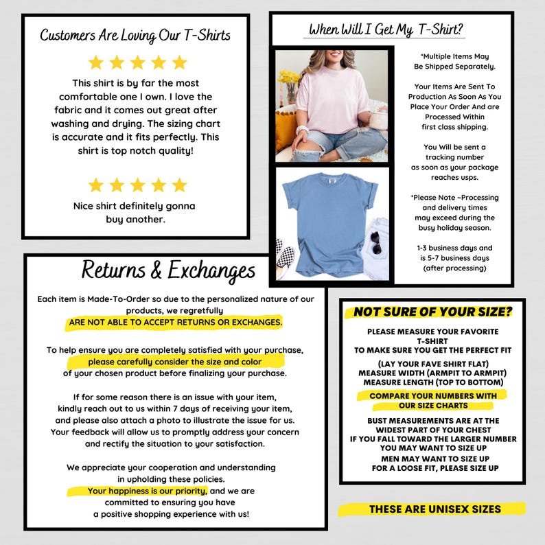 May include: Image with text about t-shirts, returns, and sizing. Includes customer reviews, shipping information, and size charts. The text advises customers to measure their favorite t-shirt for the perfect fit. These are unisex sizes.