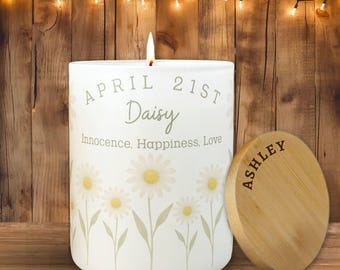Personalized April Birth Month Candle, Custom Birthday Candle, Daisy Flower Gift