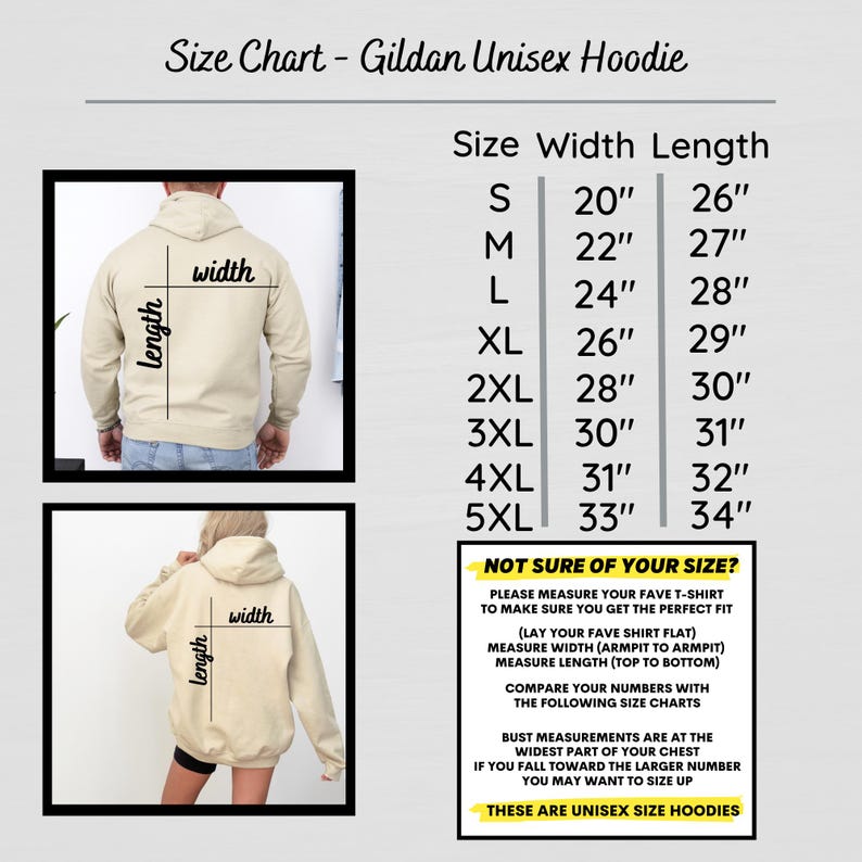 Op de afbeelding: Maattabel voor Gildan unisex hoodies. De tabel geeft de maten S tot en met 5XL weer met breedte- en lengtematen in inches. De afbeelding bevat een beige hoodie en instructies over hoe je de juiste maat kunt meten.