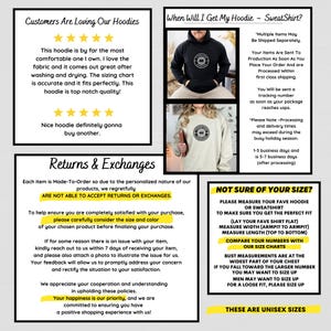 Op de afbeelding: Informatieve afbeelding met tekst over retourzendingen, maatvoering en klantbeoordelingen voor hoodies en sweatshirts. Bevat tekst over unisex maten en productietijden. De afbeelding toont ook een zwarte en een cr&egrave;mekleurige hoodie.