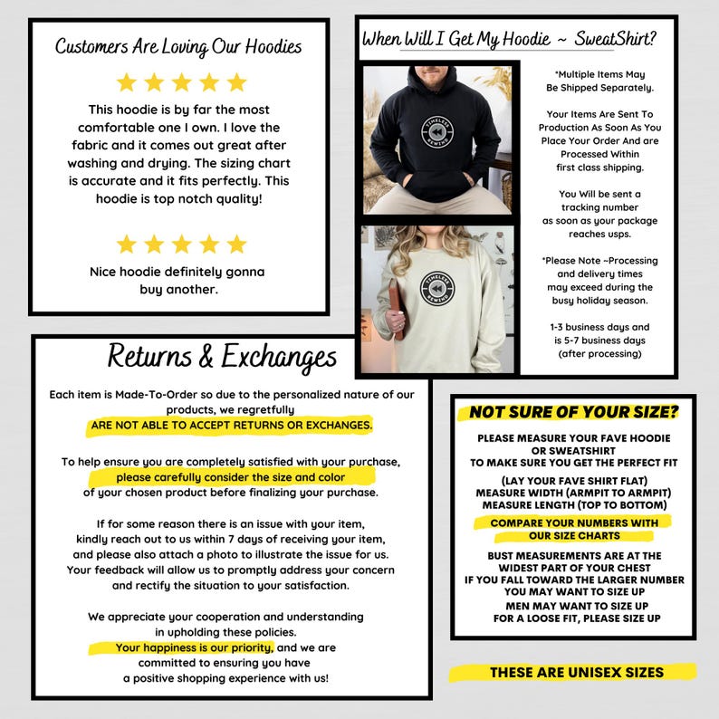 Op de afbeelding: Informatieve afbeelding met tekst over retourzendingen, maatvoering en klantbeoordelingen voor hoodies en sweatshirts. Bevat tekst over unisex maten en productietijden. De afbeelding toont ook een zwarte en een cr&egrave;mekleurige hoodie.