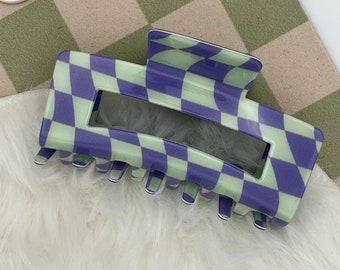 Purple and Green Wavy Checkered Rectangle Hair Claw Clip