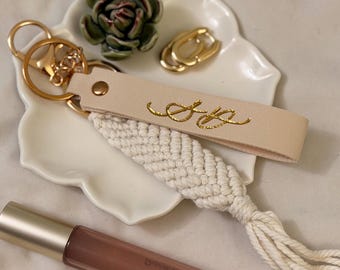 Personalized Foil Embossed Faux Leather Strap and Macrame Keychain