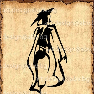 Op de afbeelding: Een zwart silhouet van een persoon die een lange jas en een hoed draagt. De persoon loopt met de armen langs de zijkant.