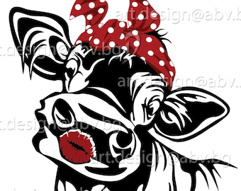 Cow Kiss Vector Art Print: Funny Heifer with Red Bow (Digital Files)