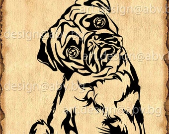 Könnte beinhalten: Schwarz-weiße grafische Illustration eines sitzenden Hundes mit stilisiertem Design. Der Hund ist mit komplizierten Mustern und Details dargestellt. Das Bild hat einen Vintage-Hintergrund aus gealtertem Papier mit Text unten.