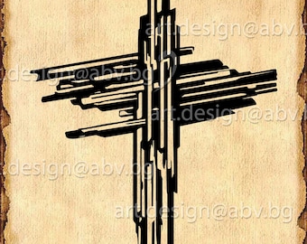 May include: A black and white abstract cross design. The cross is made up of multiple overlapping lines that create a textured effect.