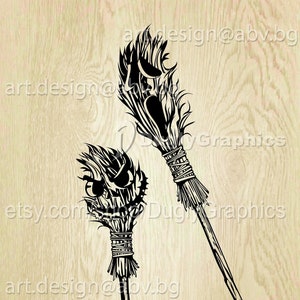 May include: Two black and white silhouette brooms with a detailed design of a face on the top of each broom.