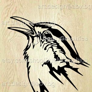May include: A black graphic illustration of a bird head in profile with an open beak, featuring sharp, jagged lines. The design includes repeating text overlays reading art.design@abv.bg, DuglyGraphics, and etsy.com/shop/DuglyGraphics.