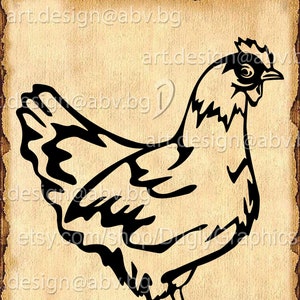 Puede incluir: Ilustración en blanco y negro de una gallina. La gallina está mirando hacia la derecha y tiene un cuello largo y plumas de cola.