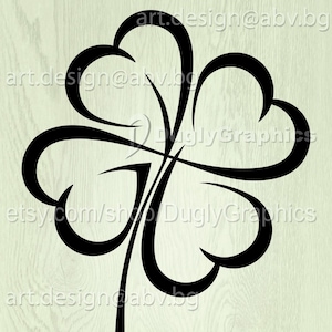 Op de afbeelding: Een zwart-wit silhouet van een klavertjevier. De klaver is gestileerd met een gebogen, vloeiend ontwerp.