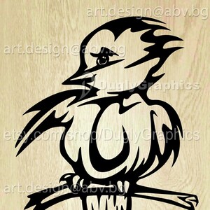 May include: A black graphic illustration of a bird perched on a branch, featuring stylised lines and sharp edges. The design includes the text art.design@abv.bg, DuglyGraphics, and etsy.com/shop/DuglyGraphics, with file formats AI, EPS, PDF, SVG, DXF, PNG, JPG.
