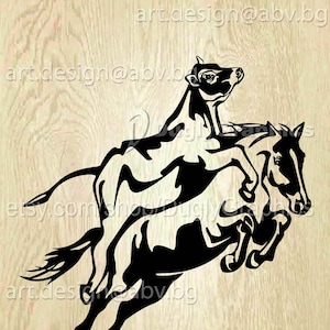 Vector COW RIDES HORSE, kalf, ai, png, eps, pdf, svg, dxf, jpg, svg koe, grafische afbeelding Art Print, vaars, grappig rijden