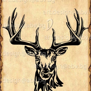 以下が含まれることがあります： 大きな角を持つ鹿の頭の白黒シルエット。鹿は正面を向いており、頭は少し下向きになっている。背景は薄い茶色です。