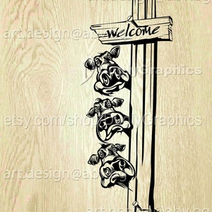 May include: A black and white illustration of three cows peeking around a wooden fence post with a sign that reads "Welcome".