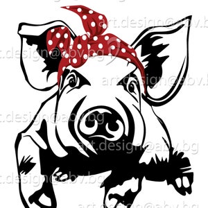 Vector PIG with red bandana with dots, ai, eps, pdf, svg, dxf, png, jpg Download, Digital image, graphical, animal, swine, hog, sow, coupons