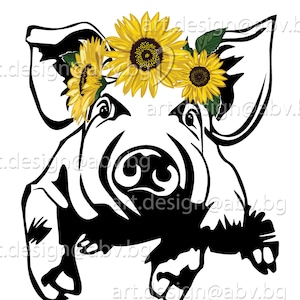 Vector PIG with sunflowers, ai, eps, pdf, svg, dxf, png, jpg Download, Digital image, graphical, animal, swine, hog, sow, discount coupons