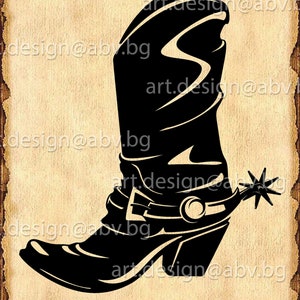 May include: Black silhouette of a cowboy boot with a spur on the heel.