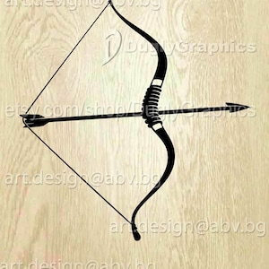 May include: Black and white silhouette of a bow and arrow. The bow is curved and the arrow is straight with a pointed tip. The bow and arrow are on a woodgrain background.