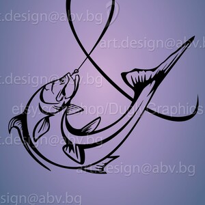 May include: Black and white silhouette of a fish being caught on a fishing hook. The fish is jumping out of the water and the fishing line is forming a loop above it.
