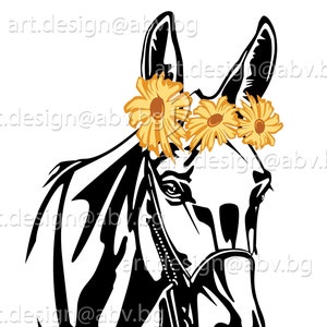 Caballo vectorial con girasoles (SVG, DXF, AI, EPS, PDF, PNG, JPG) Descargar, Imagen digital, Imagen gráfica, Cupones de descuento