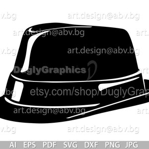 May include: Black and white silhouette of a fedora hat.