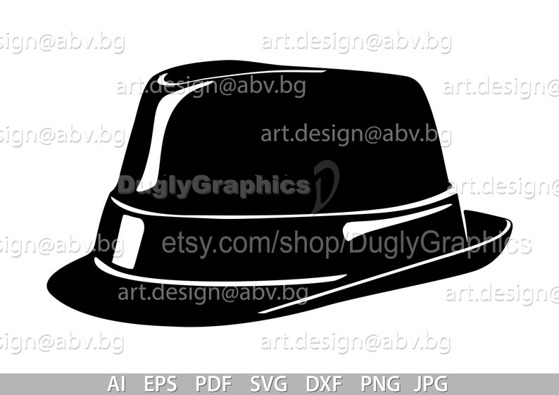 May include: Black and white silhouette of a fedora hat.