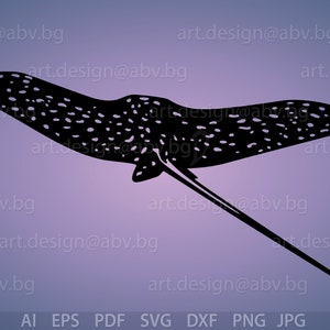 May include: Black and white silhouette of a manta ray with a spotted pattern on its body. The manta ray is swimming with its wings spread out and its tail trailing behind it.