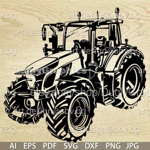 Könnte beinhalten: Schwarz-weiße Silhouette eines Traktors mit detailliertem Design. Der Traktor hat ein großes Vorderrad und ein kleineres Hinterrad. Der Traktor ist nach rechts im Bild ausgerichtet.