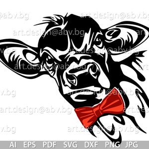 Vector CALF with red bow, angry calf, cow, moody, AI, PNG, eps, pdf, svg, dxf, jpg, svg cow, graphical Art Print, heifer, muzzle, funny