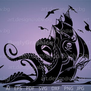 May include: A black silhouette of a pirate ship being engulfed by a giant octopus. The ship has a skull and crossbones flag and the octopus has many tentacles.