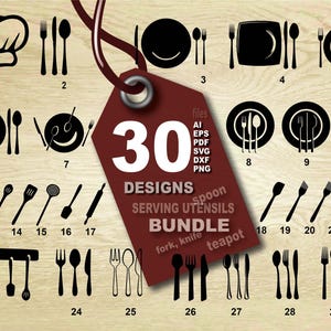 May include: A collection of 30 black and white serving utensil designs, including plates, forks, spoons, knives, and a chef's hat. A red tag displays the number 30 and the word "DESIGNS".