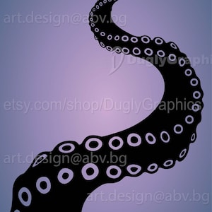 May include: A black octopus tentacle illustration with white suction cups against a gradient purple background. The Etsy shop name and contact information are visible. File formats include AI, EPS, PDF, SVG, DXF, PNG, and JPG.
