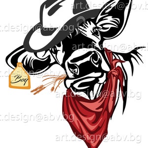 Vector COW with hat, bandana, grass and tag to the ear, calf, head, AI, PNG, eps, pdf, svg, dxf, jpg, svg, Art Print, heifer, muzzle, funny
