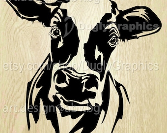 May include: Black and white silhouette of a cow's head. The cow is looking directly at the viewer. The image is a digital illustration.