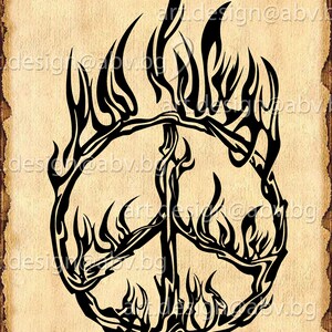 May include: A black and white peace sign with flames around the edges. The peace sign is a symbol of peace and love.