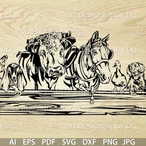 Vector ANIMAL FARM, ai, eps, pdf, svg, dxf, png, jpg Download, Digital, hereford draft horse duck chicken nubian goat golden retriever
