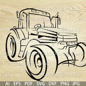 May include: A black line art illustration of a tractor featuring large wheels, a cabin, and a front hood. The design is presented on a light wood grain background with repeating text art.design@abv.bg and file format labels at the bottom.