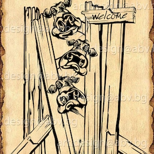 Può includere: Illustrazione in bianco e nero di tre mucche che guardano oltre una recinzione di legno con un cartello che dice "Benvenuti".