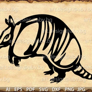 May include: Black and white silhouette of an armadillo with a striped pattern on its back and tail.